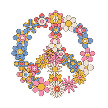 Colorful Peace Flower Symbol. Famos Sign Made Of Daisy Flowers. Linear Color Vector Illustration.