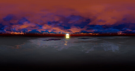 3D rendering. Blue sky with clouds at sunset or sunrise. Environment 360 HDRI MAP. Equivalent projection, spherical panorama.