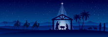 Blue Christmas Nativity Scene Banner Background. Vector Illustration.