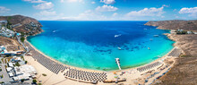 Panoramic Aerial View Of The Popular Elia Beach At The Island Of Mykonos, Cyclades, Greece, During Summer Time