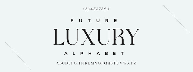 Premium luxury elegant alphabet letters and numbers. Elegant Tech typography classic serif font decorative vintage retro. Creative vector illustration