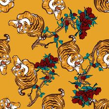  Tigers. Fashion Vector Illustration. Seamless Pattern With Stylized Tigers. Surface Animalistic Background. Illustration For Fabric, Wallpaper, Cover, Cards, Pet Products And Other. - Vector
