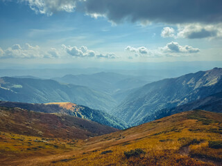 Wall Mural - Mountain valley canyon landscape under blue sky. Wonderful autumn scene with orange grass. Beautiful nature background. Vintage retro tone. Travel, hiking, climbing, tourism. Carpathian mountains