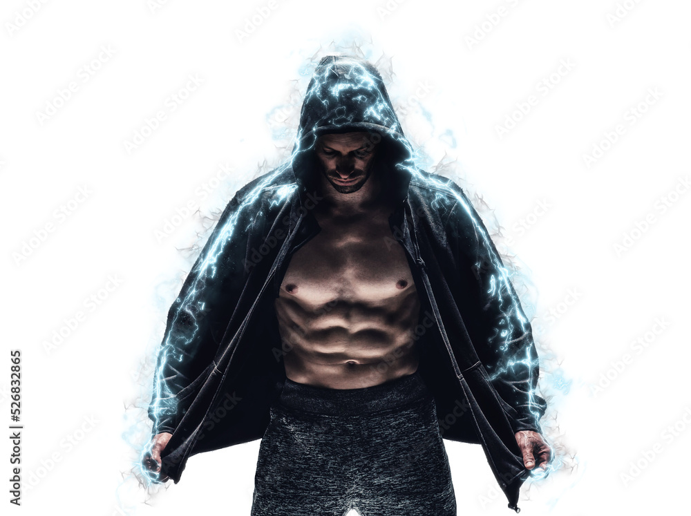 Brutal strong athletic bodybuilder posing. Electric power explosion ...
