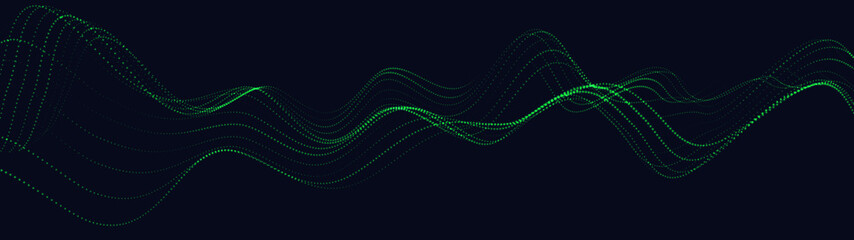 Wall Mural - A moving digital 3d wave. Futuristic dark background with dynamic green particles. The concept of big data. Cyberspace. Vector illustration.