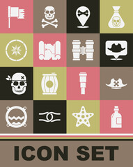 Sticker - Set Alcohol drink Rum, Pirate hat, Location pirate, treasure map, Compass, flag and Binoculars icon. Vector