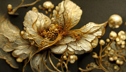 Luxury golden flower decorative background. Beautiful precious metal floral art. 3D illustration.