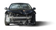 © J S - Frontal view of a black crashed car wreck - dented bonnet, smashed engine and broken windshield - isolated