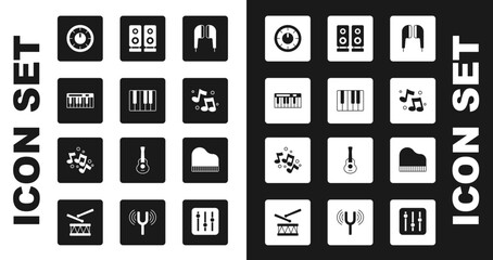 Sticker - Set Air headphones, Music synthesizer, Sound mixer controller, note, tone, Stereo speaker, Grand piano and icon. Vector