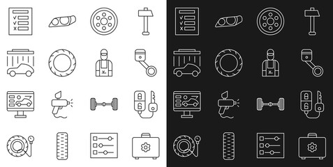 Poster - Set line Toolbox, Car key with remote, Engine piston, Alloy wheel, tire, wash, inspection and mechanic icon. Vector