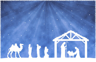 Christmas Nativity Scene white silhouette on blue background