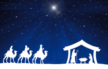 Wall Mural - Christmas Nativity Scene white silhouette on blue background