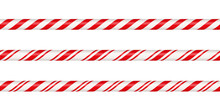 Christmas Candy Cane Straight Line Border With Red And White Striped. Xmas Seamless Line With Striped Candy Lollipop Pattern. Christmas Element. Vector Illustration Isolated On White Background.