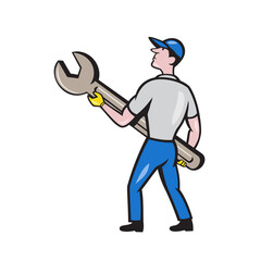 Wall Mural - Mechanic Carrying Giant Spanner Cartoon