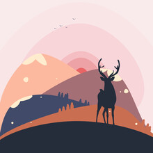 Background Illustration Of Light And Hot Pink, Blue And Orange Mountains And Hills With Deer Silhouette. Picture For Poster, Banner, Postcard..