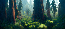 Redwood Forest Colossal Scale Dense Canopy Sense Digital Art Illustration Painting Hyper Realistic