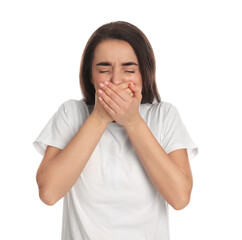 Canvas Print - Young woman suffering from nausea on white background. Food poisoning