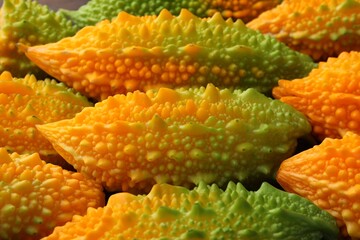 Tasty fresh bitter melons as background, closeup