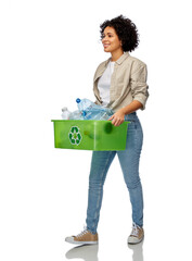 Canvas Print - recycling, waste sorting and sustainability concept - smiling woman with box with plastic bottles walking over white background