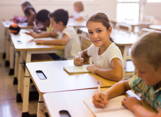 Portrait of diligent schoolgirl sitting in class working with classmates, writing exercise