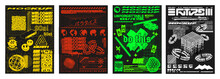 Template Posters - Trendy, Digital, Futuristic, Rave. Poster Themes For Different Occasions In A Retro Futuristic Style. Acid Set Graphic Mockups With 3D Objects. Translation From Japanese - Cyberpunk