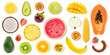 Leinwandbild Motiv Assortment of Different fruits , Watermelon , pineapple, banana, 
 orange, passion fruit, coconut, dragon fruit isolated on white background. Flat lay