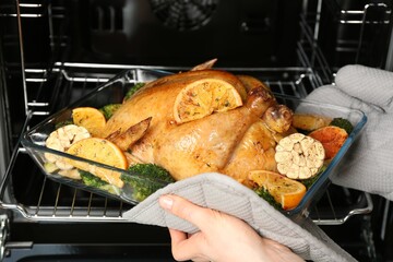 Wall Mural - Woman taking baked chicken with oranges and vegetables out of oven, closeup