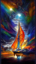 Colorful Abstract Multicolored Sailboat. Painted Abstract Sailboat. Stained Glass Stylization.