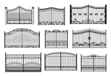 Iron Gate And Entrance Metal Fence With Steel Barriers, Vector Fencing Wall. Metal Fence Gates Or Security Wall With Railing Mesh And Security Spikes Of Garden Park Or Private Territory Forged Fence