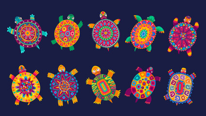 Bright mexican Mayan and Aztec turtle totems, tortoise animals with vector ethnic ornament pattern. Cartoon funny turtles with Mexico folk patch pattern and Mayan or Aztec tribal decoration