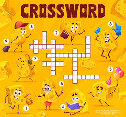 Poster - Crossword grid, cartoon maasdam and gouda cheese characters, vector word quiz game. Crossword worksheet grid to guess words of funny cheese piece with book, notebook and headphones or basketball ball