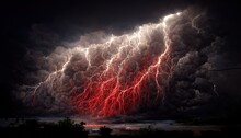 Stormy Sky With Dark Clouds, Lightning Flashes Over The Night Sky. Concept On The Theme Of Severe Weather, Natural Disasters, Natural Basis For Designer. 3D Rendering. Raster Illustration.