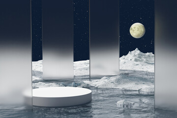 Wall Mural - 3d render platform natural podium background on sea with ice snow mountain, wall glass and moon at n
