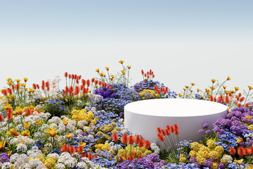 Wall Mural - 3d rendering, platform and natural podium background on colorful flowers field with sky for product 