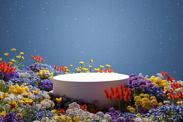 Wall Mural - 3d rendering, platform and natural podium background on colorful flowers field and star at night for