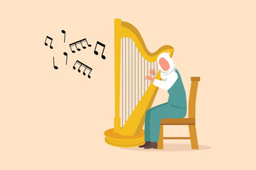 Sticker - Business flat style drawing Arabian woman musician playing harp. Classical music performer character with musical instrument. Female sitting, playing harp. Cartoon character design vector illustration