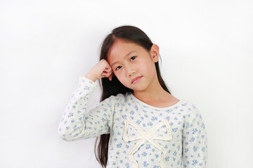 Wall Mural - Asian young girl put stranglehold on head with looking at camera on white background.