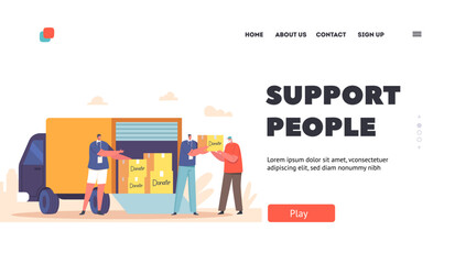 Wall Mural - Support People in Need Landing Page Template. Volunteers Give Humanitarian Aid Help Box to Senior Refugee Homeless Man