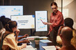 © Seventyfour - Portrait of young woman giving presentation on marketing trends to team in dimly lit office