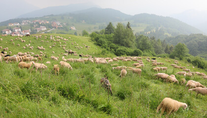 Wall Mural - herd with white shorn sheep grazing in the mountains