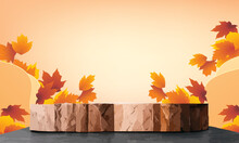 Podium Stage Autumn Season Paper Art Colorful For Show Banner Sale Vector Illustation