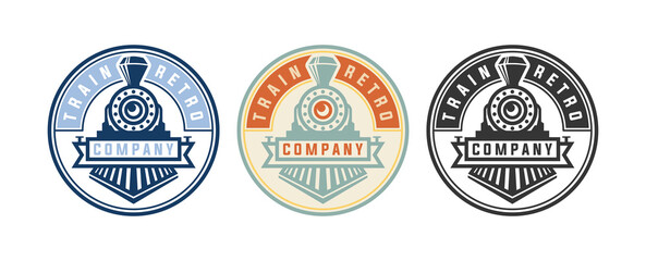 Locomotive logo vintage silhouette set isolated, Circular train retro emblem logo vector design in black, blue, and retro colors