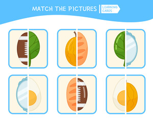 Poster - Matching children educational game. Activity for pre sсhool years kids and toddlers. Match the halves. Illustration of objects in the form of a oval.
