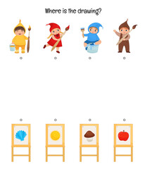 Wall Mural - Matching children educational game. Who painted which picture?
 Activity for pre sсhool years kids and toddlers.