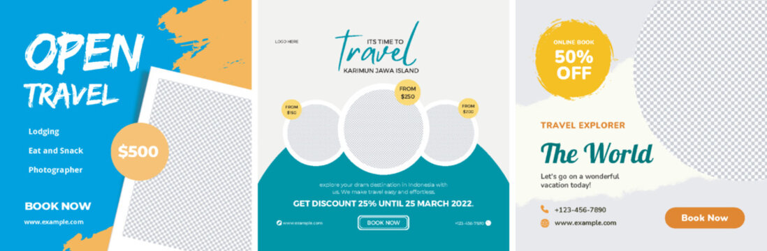 Travel business promotion web banner template design for social media. Travelling, tourism or summer holiday tour online marketing flyer, post or poster with abstract graphic background and logo.