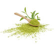 Green matcha powder in a spoon with tea leaves isolated on transparent background. (.PNG)