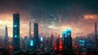 futuristic cityscape skyline cyberpunk lights background HD wallpaper