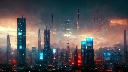 futuristic cityscape skyline cyberpunk lights background hd wallpaper
