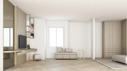 Wall Mural - build up creation room The walls are decorated in white tones with wooden materials, Arc built-in cabinets and wooden arches on parquet floors. bedroom and living room apartment. 3d render animation