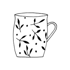 Wall Mural - cup with leaves hand drawn in doodle style.